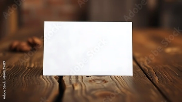 Obraz Blank greeting card resting on a rustic wooden surface with warm ambient light.