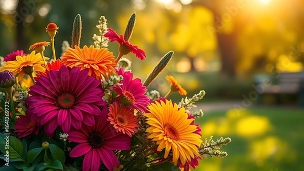 Obraz A vibrant floral arrangement in an English park, bathed in morning light with a soft, dewy ambiance.