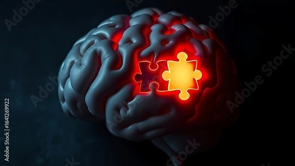 Obraz Brain-shaped puzzle with one glowing piece, revealing hidden connections.