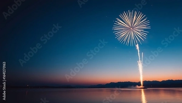 Obraz Golden fireworks bursting against a twilight sky, reflecting on a tranquil lake during National Day festivities.