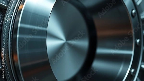 Obraz An abstract metallic circular structure with polished steel surface, reflecting geometric patterns under cool lighting.