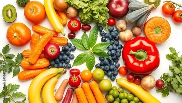 Obraz A colorful circular arrangement of fresh fruits and vegetables under soft diffused lighting.