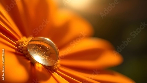 Obraz Macro Close-Up of Dewdrop on Orange Marigold Petal in Sunlight