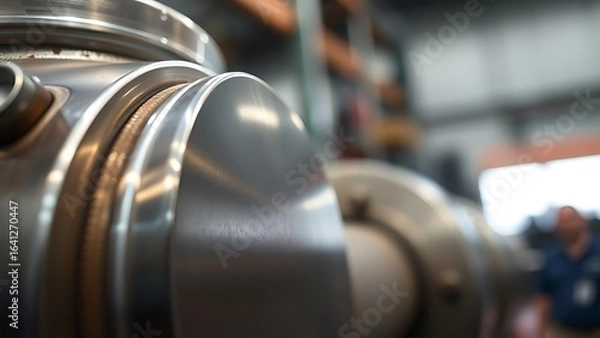 Obraz A close-up view of an industrial metal component with a polished surface, highlighting intricate details.