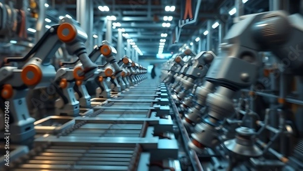 Obraz Industrial assembly line with robotic arms, bathed in cool blue light and dynamic motion blur.