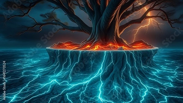 Obraz Ancient tree roots glowing beneath a cracked island surface, resembling buried lightning.