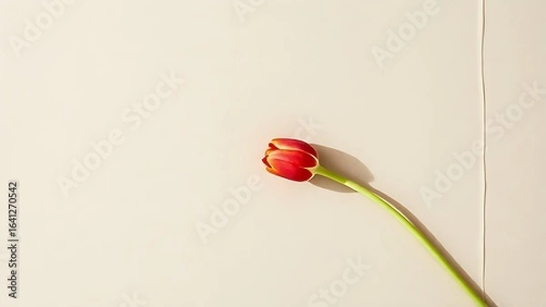 Obraz Red tulip resting on beige linen, presenting elegance and simplicity in a top-down floral arrangement.