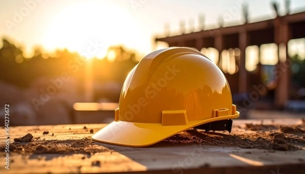 Obraz Bright yellow hard hat on construction site