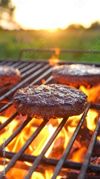 Obraz Burgers grilling outdoors at sunset