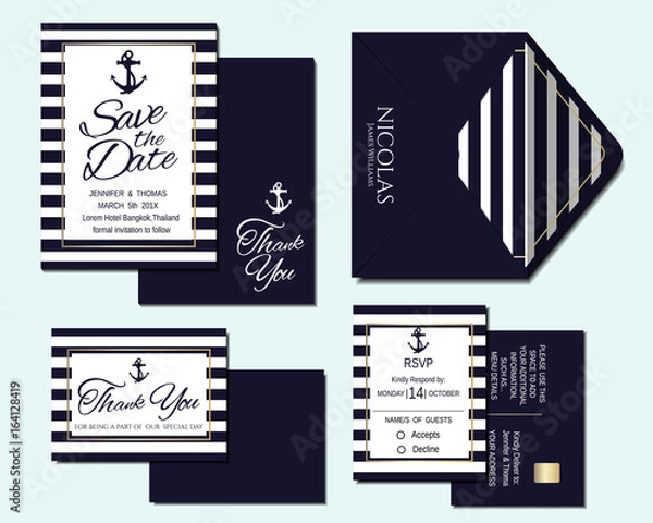 Fototapeta Set of Nautical Wedding Invitation Card and Marine banners. Elegant templates in white and navy blue colors. Vector/Illustration