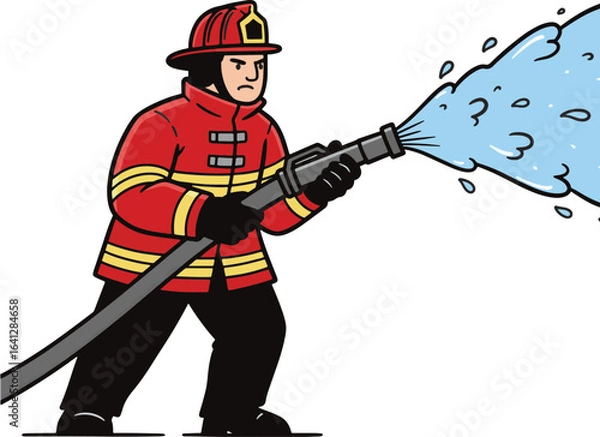 Fototapeta Firefighter Spraying Water Vector Flat