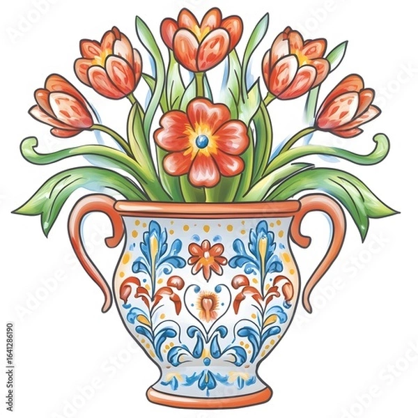 Obraz Vibrant orange tulips and a central flower in a decorative vase