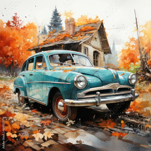 Obraz Watercolor vintage car in the village. AI generative.
