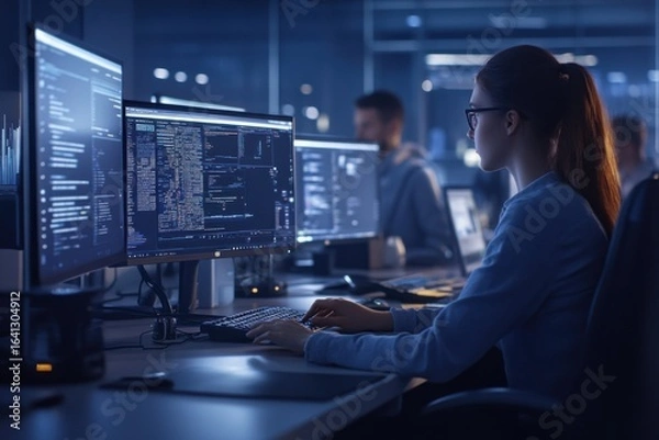 Obraz Data operators present in a collaborative office environment focusing on teamwork and efficiency