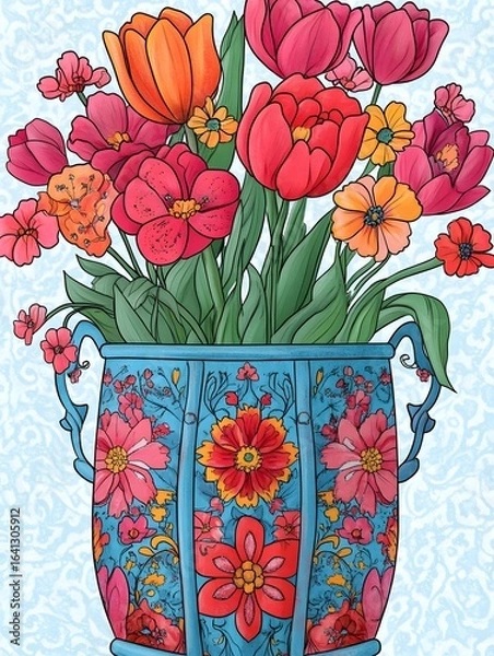 Obraz Vibrant Tulips and Blossoms in an Ornate Blue Vase Against a Del