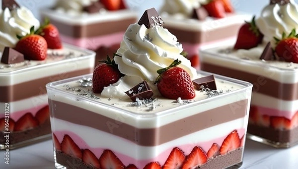 Fototapeta Gourmet pudding layers of strawberry, chocolate, and cream in a clear square jar, topped with whipped cream, chocolate cubes, and silver flakes, realistic luxury dessert illustration in soft lighting.