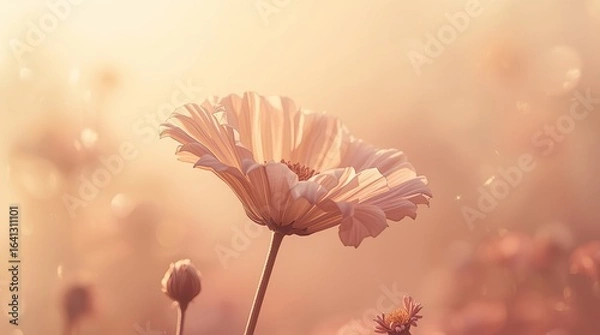 Fototapeta Fine art macro of delicate bloom against a shimmering peach-orange backdrop, fading to mauve, detailed center and stems, warm earthy palette, and soft, ethereal light for a timeless floral scene.

