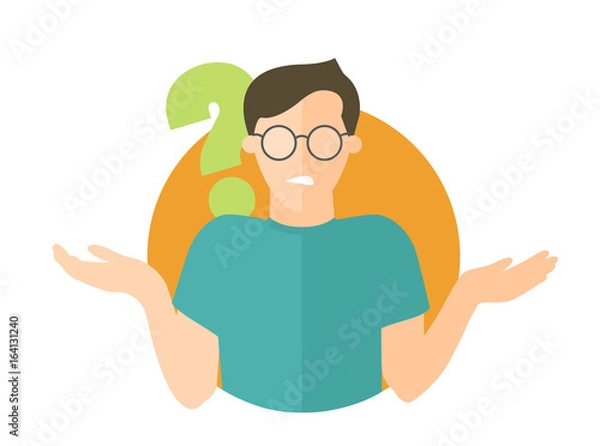 Obraz Flat design icon. Handsome man in glasses doubts. Guy with a question mark. Simply editable isolated vector illustration