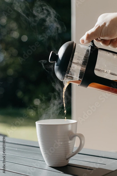 Fototapeta Man pouring filter coffee from a french press into a white cup at an outdoor table