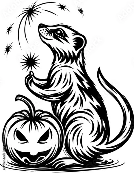 Fototapeta SVG of Halloween rodents wearing witch hats and posing with pumpkins. Playful Ferret with Pumpkin and Sparkles in Halloween Theme