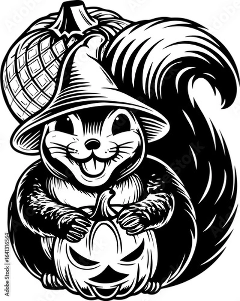 Fototapeta SVG of Halloween rodents wearing witch hats and posing with pumpkins. Cheerful Squirrel with Pumpkin and Acorn Hat for Halloween Theme