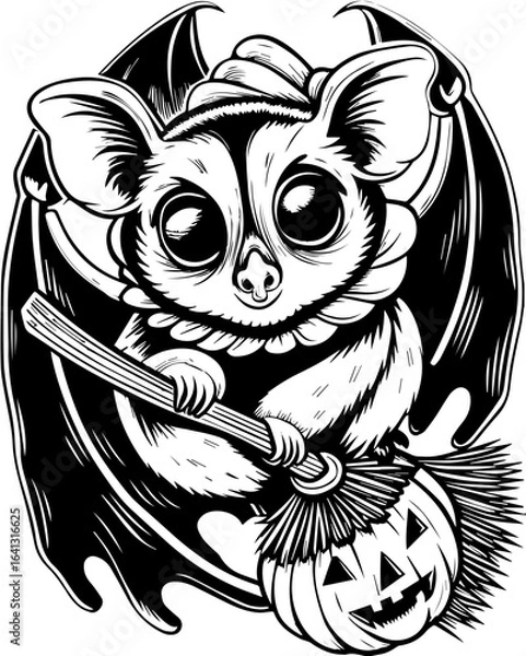 Fototapeta SVG of Halloween rodents wearing witch hats and posing with pumpkins. Whimsical Bat Character with Pumpkin and Broom for Halloween Decor