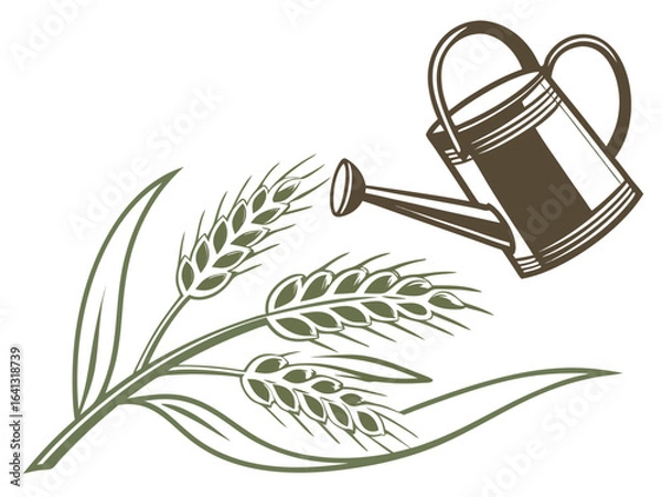 Fototapeta A stylized illustration of watering wheat crops. This vector graphic depicts a watering can pouring water onto stylized wheat fields.