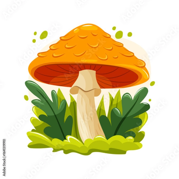 Fototapeta Bright orange mushroom with textured cap and green leaves. Colorful cartoon vector illustration perfect for stickers, prints, and nature art.