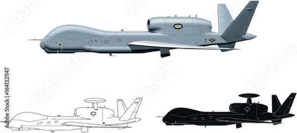 Obraz RQ-4 Global Hawk Drone – Color Realism, Silhouette & Line Art Blueprint | High-Altitude Surveillance Aircraft Vector Illustrations for Military & Aviation Enthusiasts