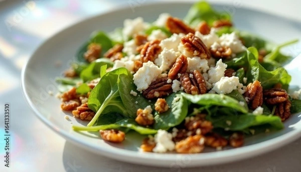 Fototapeta Fresh Spinach Salad with Pecans and Goat Cheese Crumbles on Plate