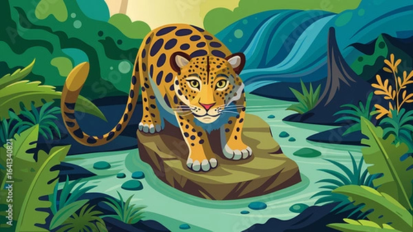 Fototapeta illustration of a jaguar crouching at the edge of a jungle stream