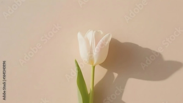 Obraz A single white tulip with a long stem and green leaves, casting a shadow on a soft beige background.