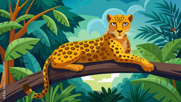 Fototapeta illustration of a leopard lounging on a high branch with jungle background
