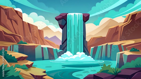 Fototapeta illustration of a tall waterfall cascading into a turquoise pool surrounded by rocks