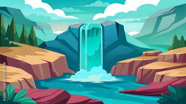 Fototapeta illustration of a tall waterfall cascading into a turquoise pool surrounded by rocks