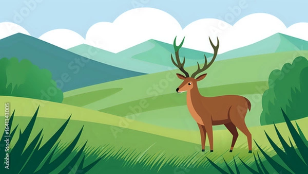 Fototapeta deer in the forest, illustration of deer grazing in tall grass with distant rolling hills