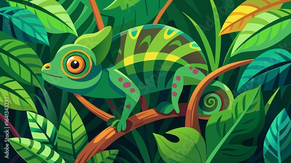 Fototapeta illustration of a chameleon blending into the lush green leaves of the rainforest