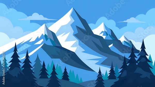 Fototapeta illustration Stylized of majestic snow-covered mountains with pine trees in the foreground and soft clouds above