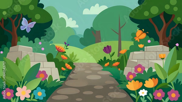 Fototapeta spring in the park, illustration art of a lush flower garden with various blossoms, butterflies, and a stone pathway