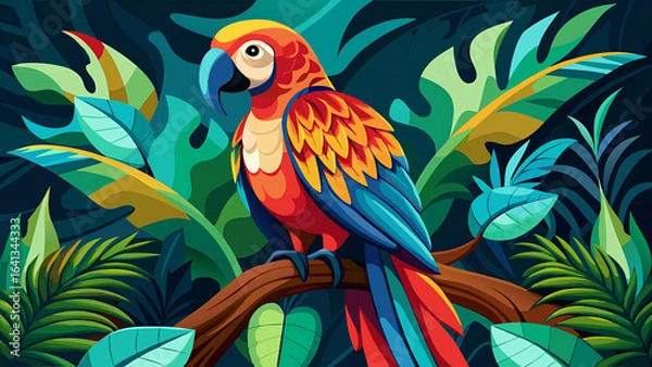 Fototapeta Vector illustration art of a vibrant macaw perched on a tree branch with tropical leaves in background
