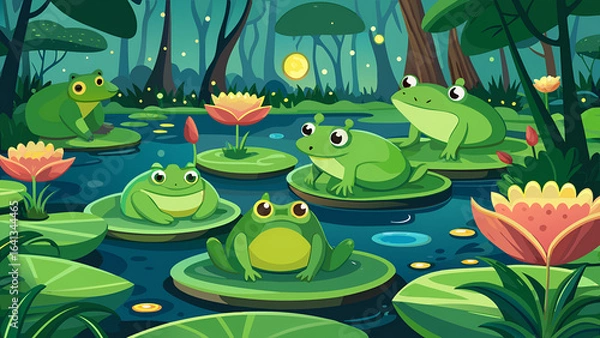 Fototapeta Vector illustration art of bright green frogs sitting on large lily pads in a rainforest pond