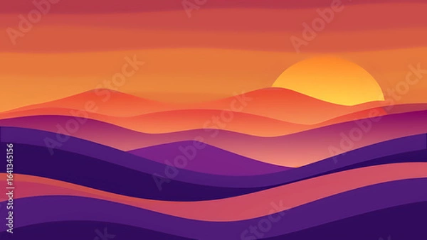 Fototapeta sunset in mountains, Vector illustration art of layered hills in warm orange and purple tones with the sun setting behind