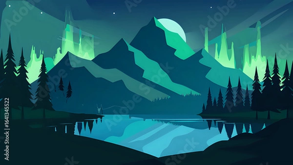 Fototapeta Vector illustration art of the northern lights reflecting in a still mountain lake, silhouette pine trees in foreground