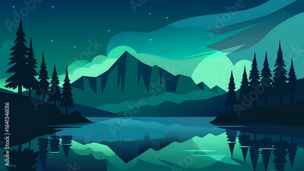 Fototapeta Vector illustration art of the northern lights reflecting in a still mountain lake, silhouette pine trees in foreground