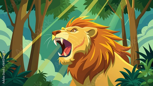 Fototapeta lion in the grass, Vector illustration of a powerful lion roaring with sunbeams breaking through dense rainforest trees