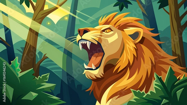 Fototapeta Vector illustration of a powerful lion roaring with sunbeams breaking through dense rainforest trees