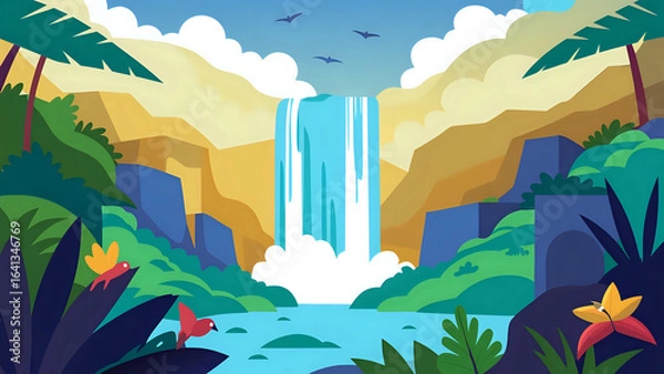 Fototapeta landscape with mountains, Vector illustration of a tall cascading waterfall surrounded by lush tropical plants, mist rising, and colorful birds flying