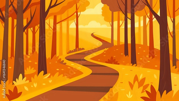 Fototapeta road in autumn, Vector illustration of a winding forest path covered in orange and yellow leaves, tall trees on both sides illustration