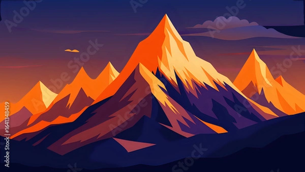 Fototapeta Vector illustration of tall snowy mountains glowing orange under the first light of dawn illustration
