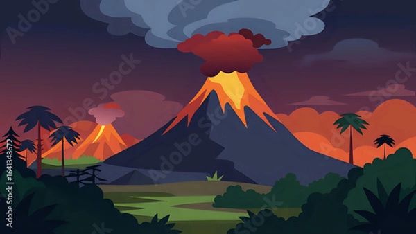 Fototapeta landscape of an active volcano with flowing lava, ash clouds, and jungle trees in foreground illustration